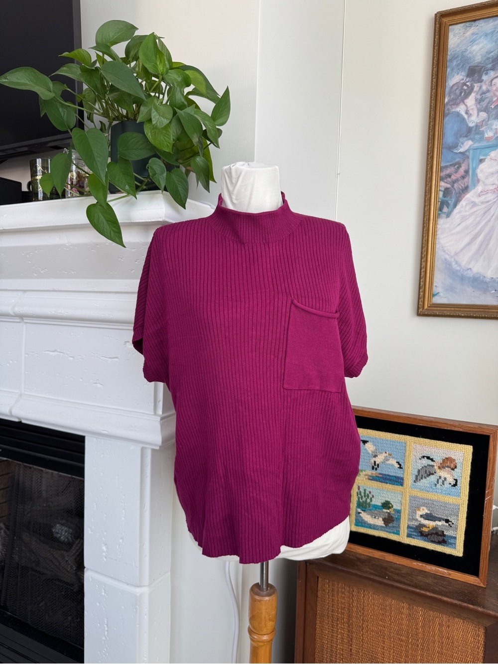 Nine West Ribbed Mock Neck Short-Sleeve Sweater in Fuchsia